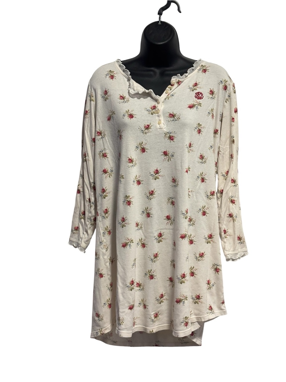 Lauren Ralph Lauren Floral Print Henley Night Shirt Top - Cream with Pink Roses